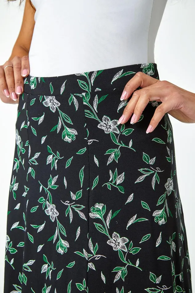 Women Green Floral Leaf Jersey A Line Midi Skirt Roman Skirts