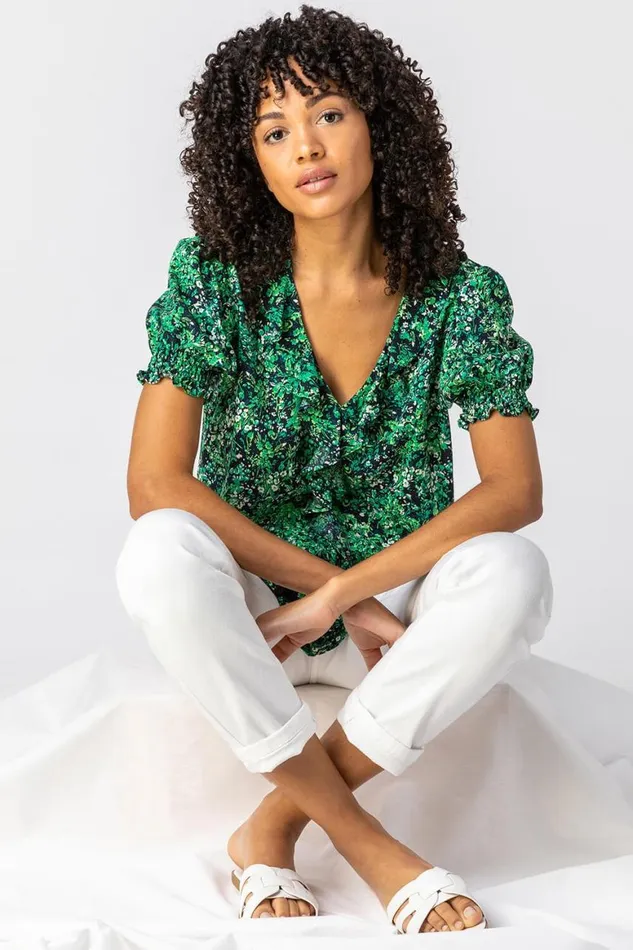 Women Green Floral Print Frill Detail Blouse Roman Tops