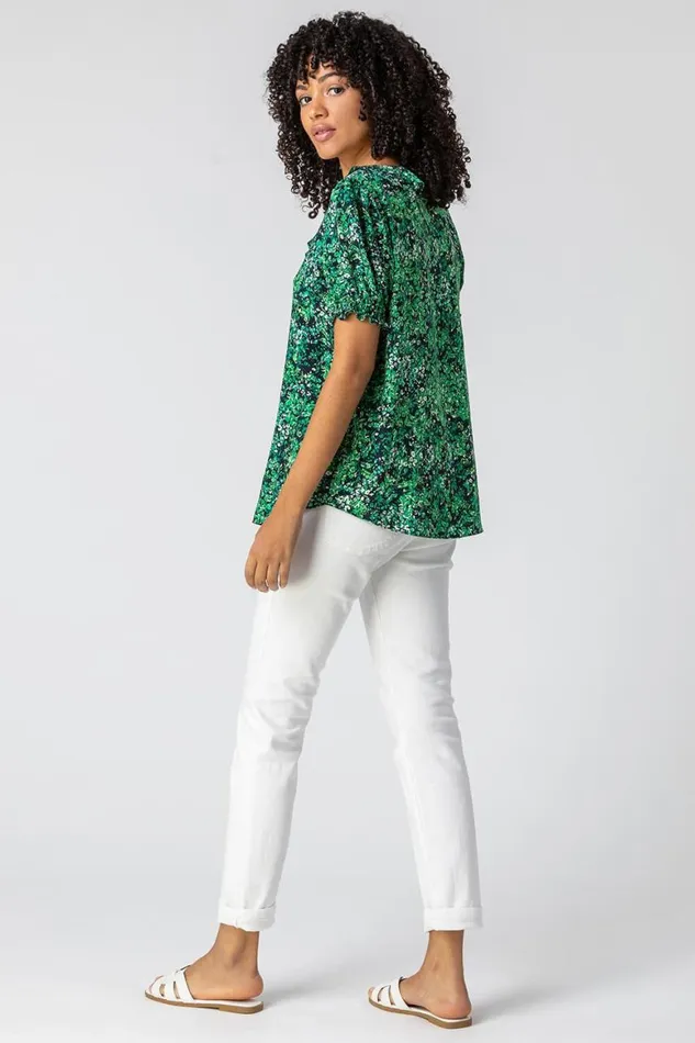 Women Green Floral Print Frill Detail Blouse Roman Tops