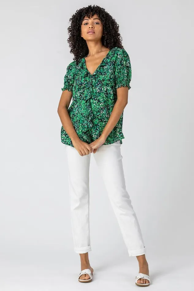 Women Green Floral Print Frill Detail Blouse Roman Tops