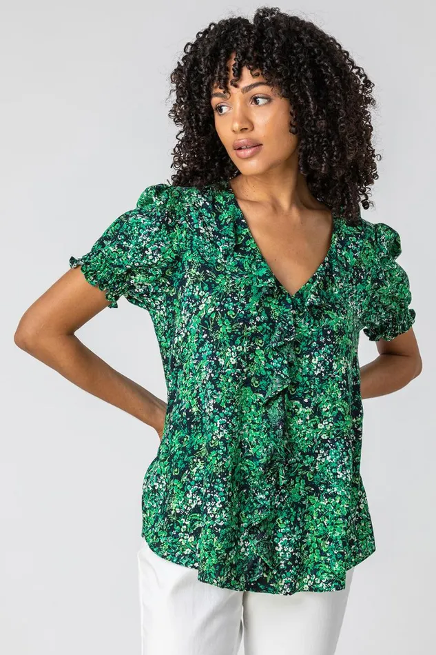 Women Green Floral Print Frill Detail Blouse Roman Tops