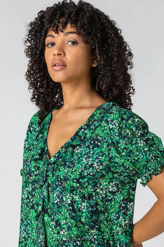 Women Green Floral Print Frill Detail Blouse Roman Tops