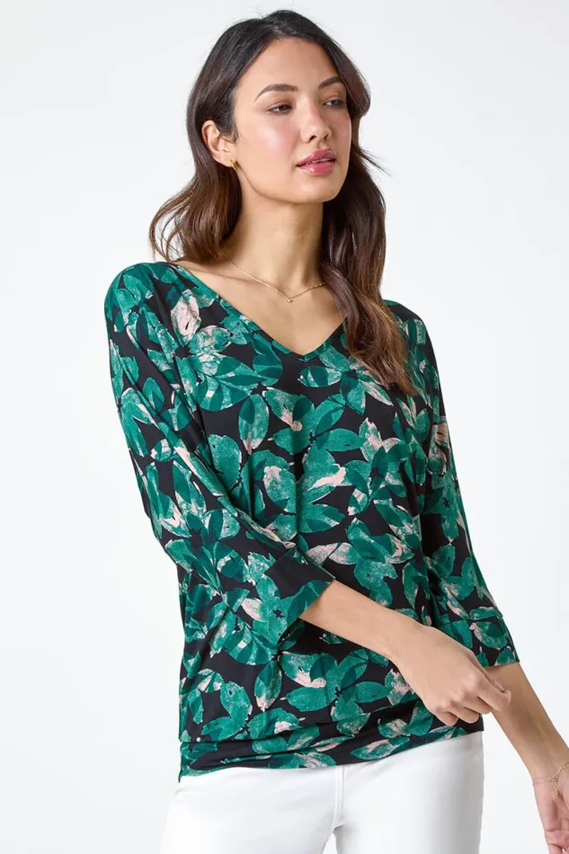 Women Green Floral Print VNeck Blouson Stretch Top Roman Tops