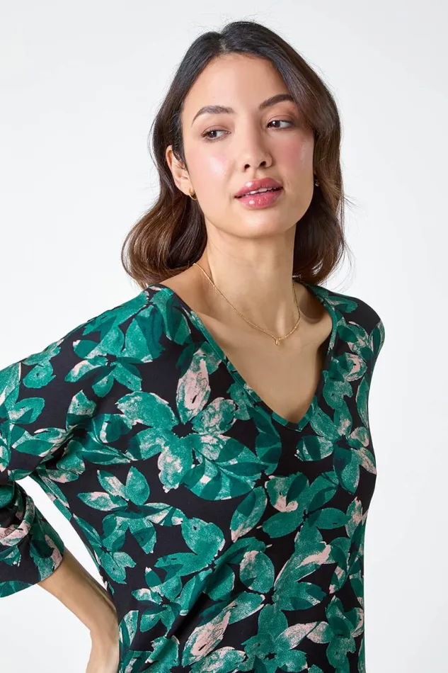 Women Green Floral Print VNeck Blouson Stretch Top Roman Tops