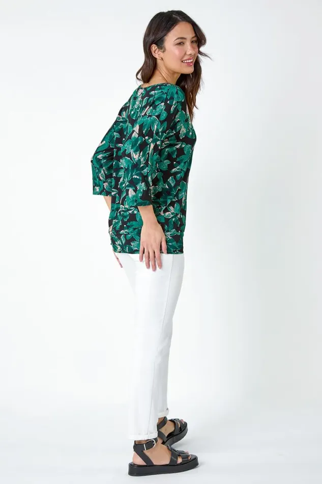 Women Green Floral Print VNeck Blouson Stretch Top Roman Tops