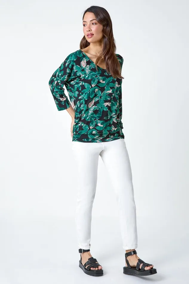 Women Green Floral Print VNeck Blouson Stretch Top Roman Tops
