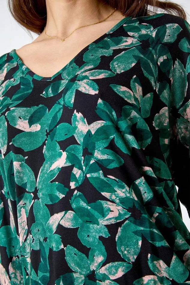 Women Green Floral Print VNeck Blouson Stretch Top Roman Tops