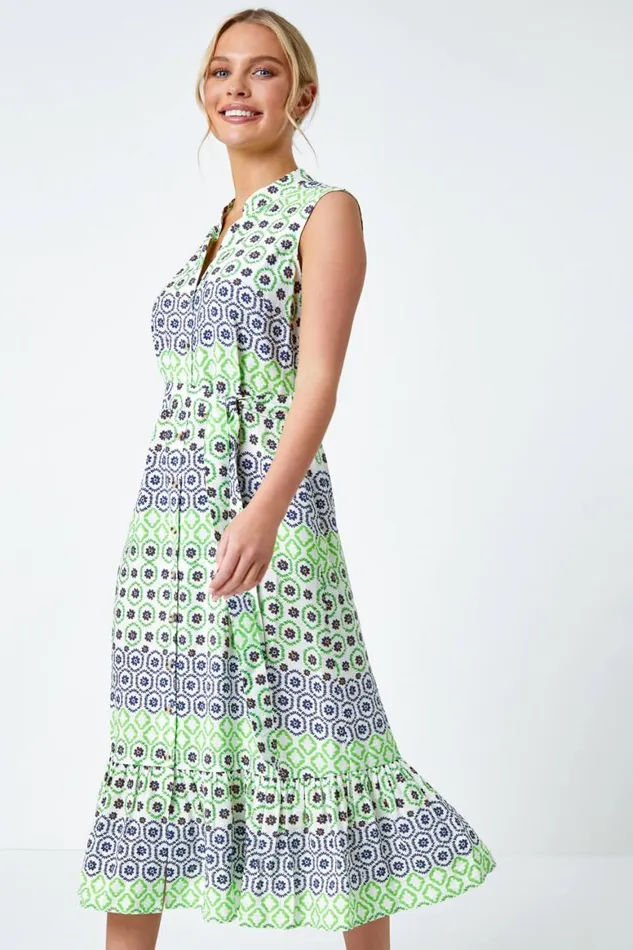 Women Green Geometric Print Midi Shirt Dress Roman Dresses