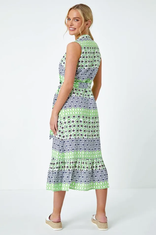 Women Green Geometric Print Midi Shirt Dress Roman Dresses