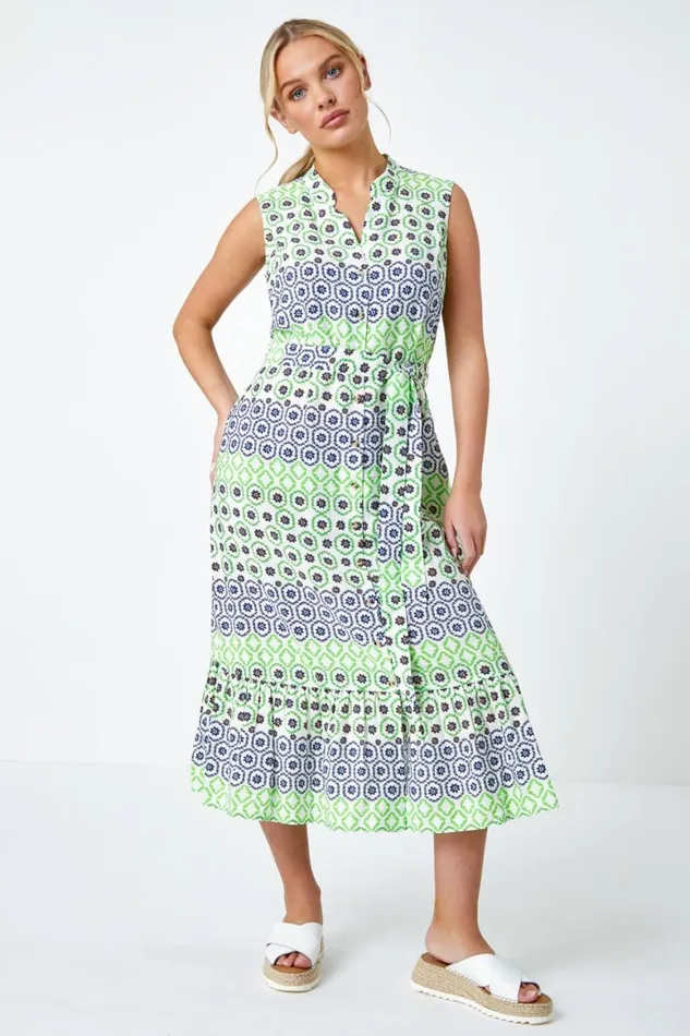 Women Green Geometric Print Midi Shirt Dress Roman Dresses