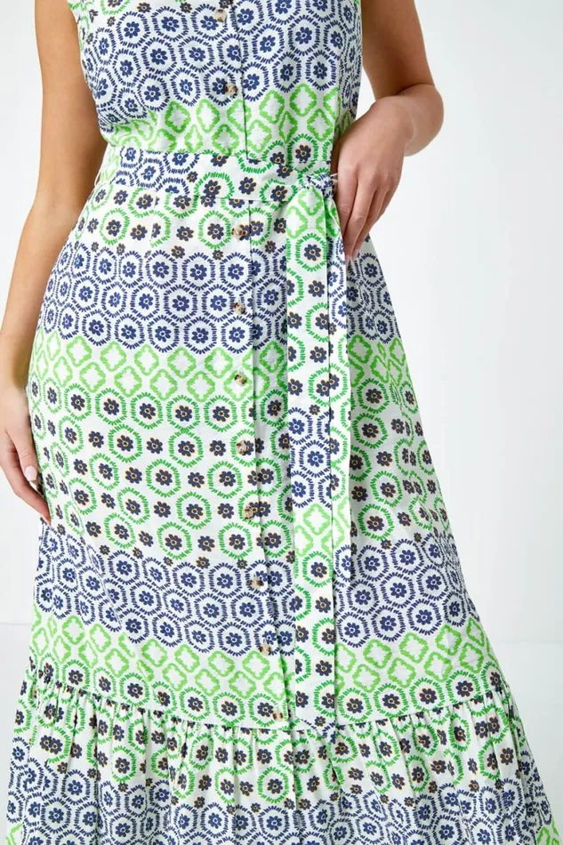 Women Green Geometric Print Midi Shirt Dress Roman Dresses