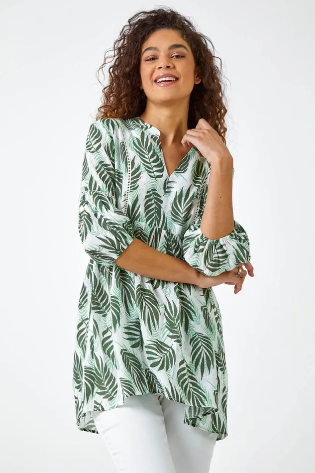Women Green Leaf Print Smock Tunic Top Roman Tops