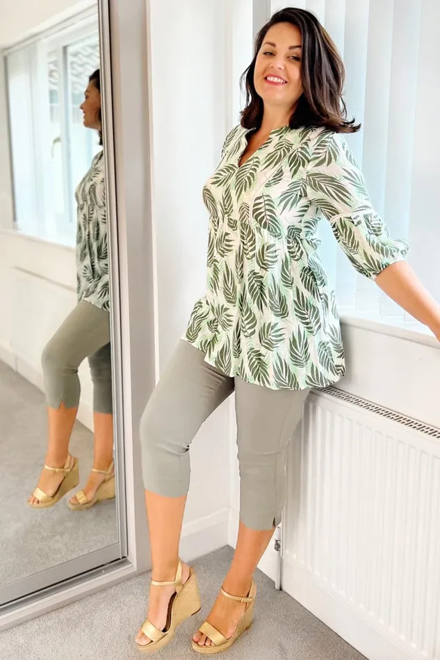 Women Green Leaf Print Smock Tunic Top Roman Tops