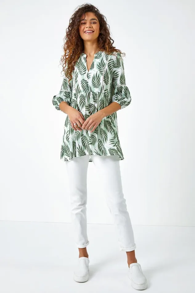 Women Green Leaf Print Smock Tunic Top Roman Tops