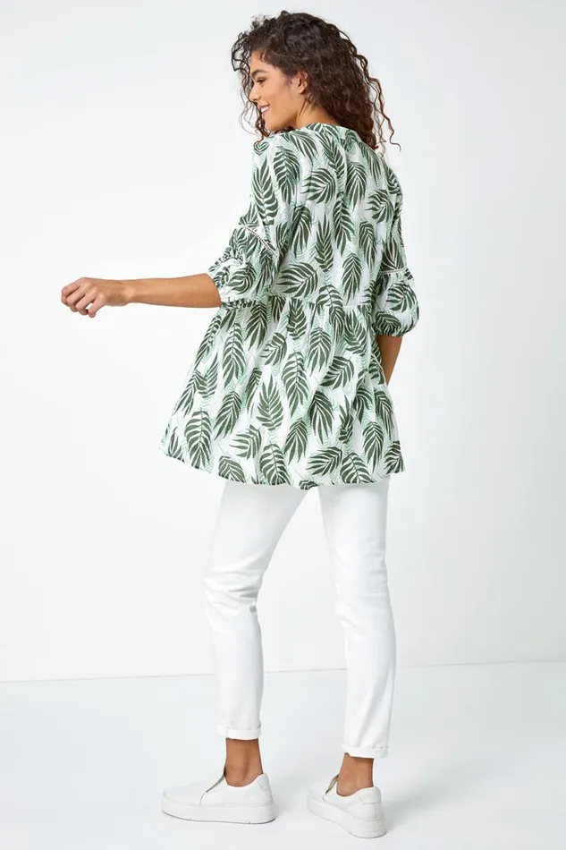 Women Green Leaf Print Smock Tunic Top Roman Tops