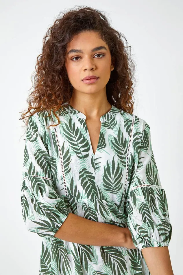 Women Green Leaf Print Smock Tunic Top Roman Tops