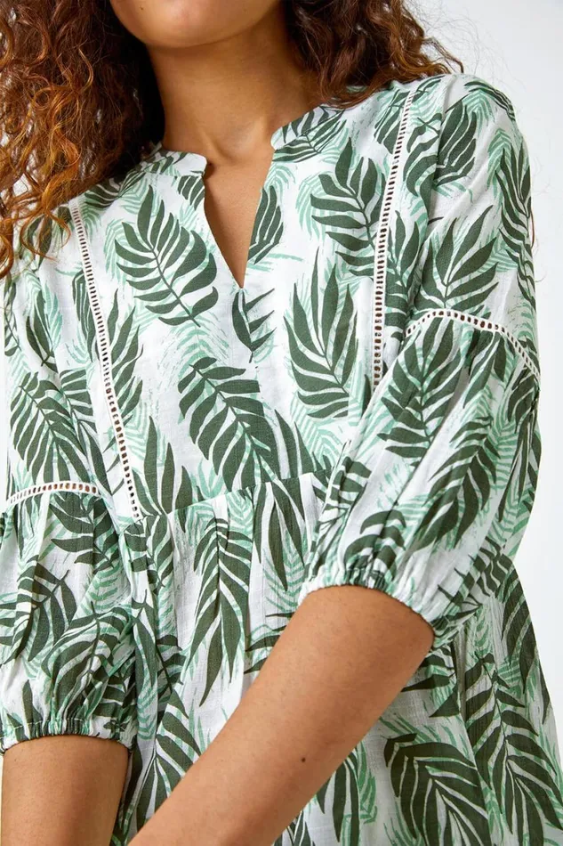 Women Green Leaf Print Smock Tunic Top Roman Tops