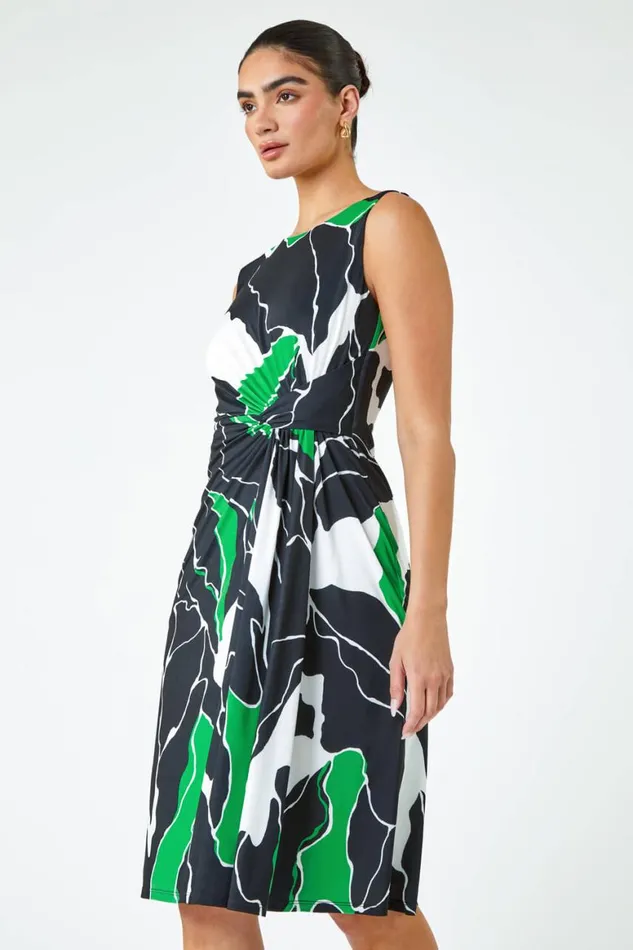 Women Green Limited Abstract Twist Detail Ruched Dress Roman Dresses