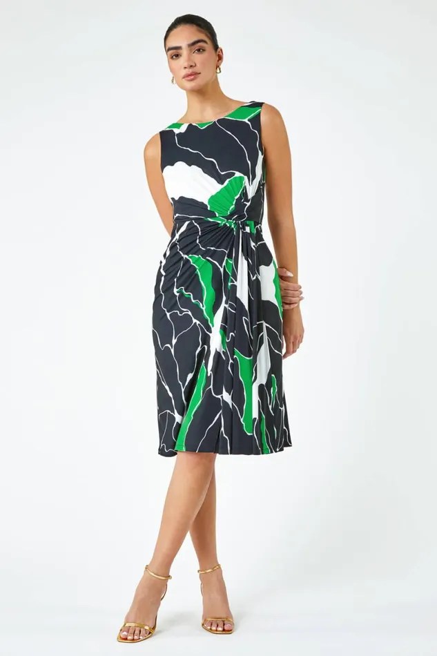 Women Green Limited Abstract Twist Detail Ruched Dress Roman Dresses