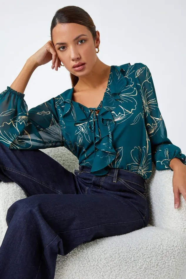 Women Green Metallic Floral Print Ruffle Top Roman Tops