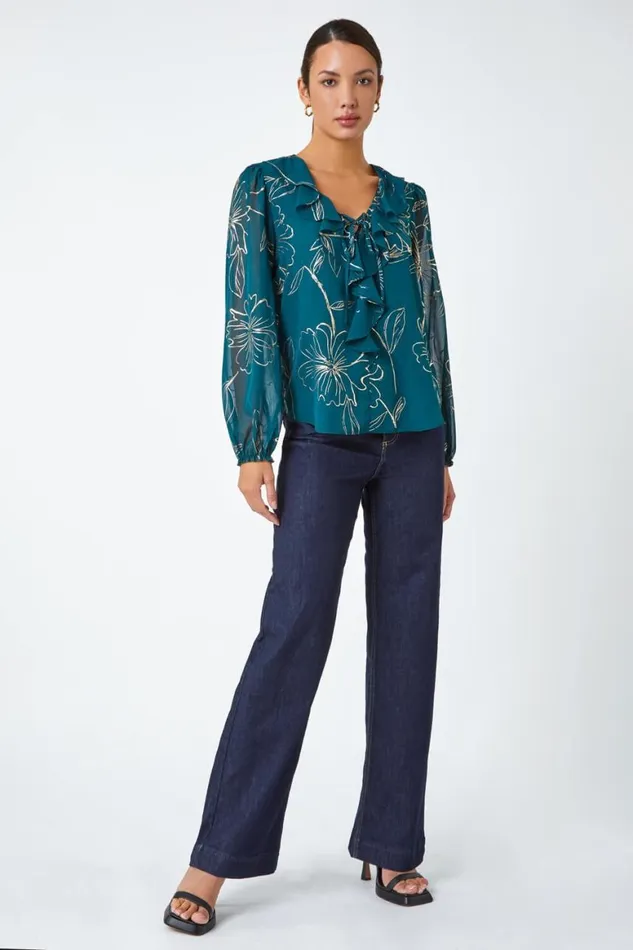 Women Green Metallic Floral Print Ruffle Top Roman Tops