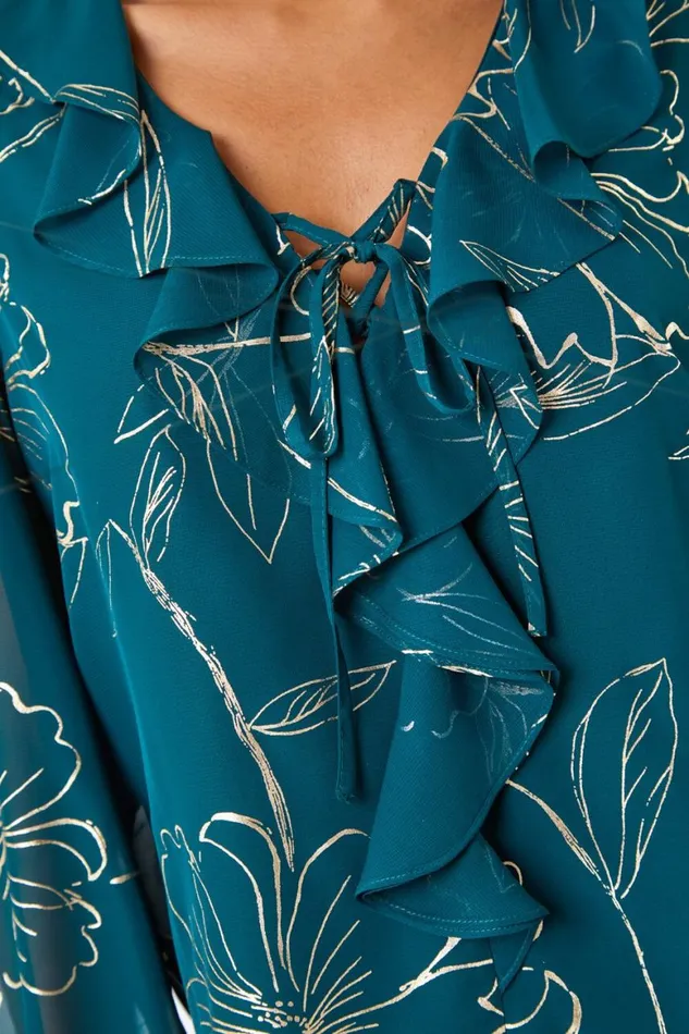 Women Green Metallic Floral Print Ruffle Top Roman Tops