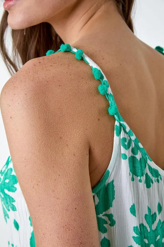 Women Green Paisley Pom Pom Trim VNeck Crinkle Vest Top Roman Tops