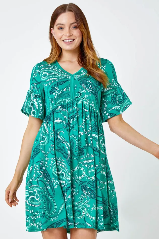 Women Green Paisley Print Frill Sleeve Dress Roman Dresses