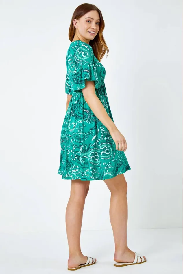 Women Green Paisley Print Frill Sleeve Dress Roman Dresses