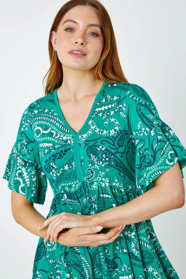 Women Green Paisley Print Frill Sleeve Dress Roman Dresses
