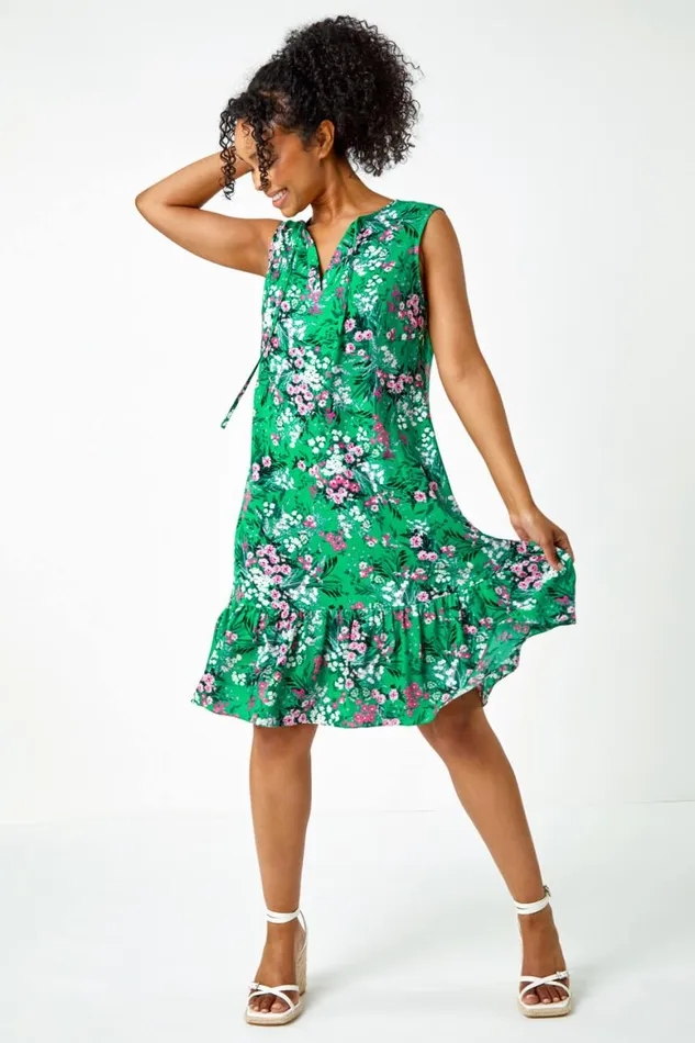 Women Green Petite Floral Print Frill Hem Dress Roman Dresses