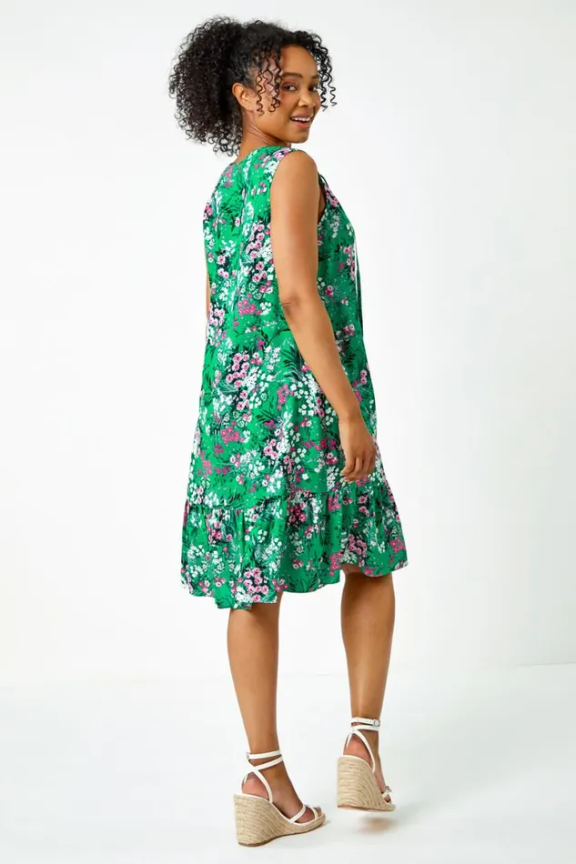 Women Green Petite Floral Print Frill Hem Dress Roman Dresses