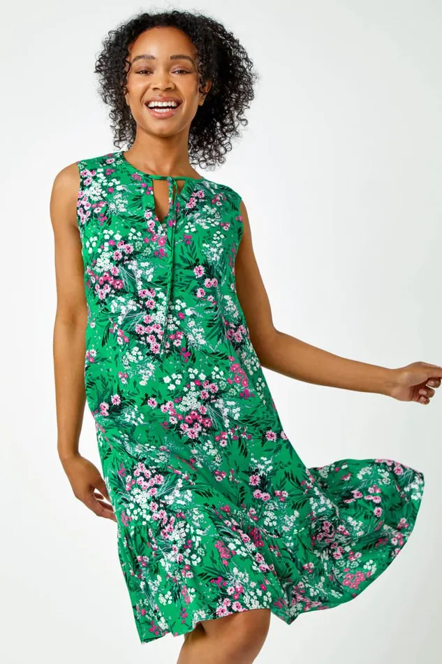 Women Green Petite Floral Print Frill Hem Dress Roman Dresses