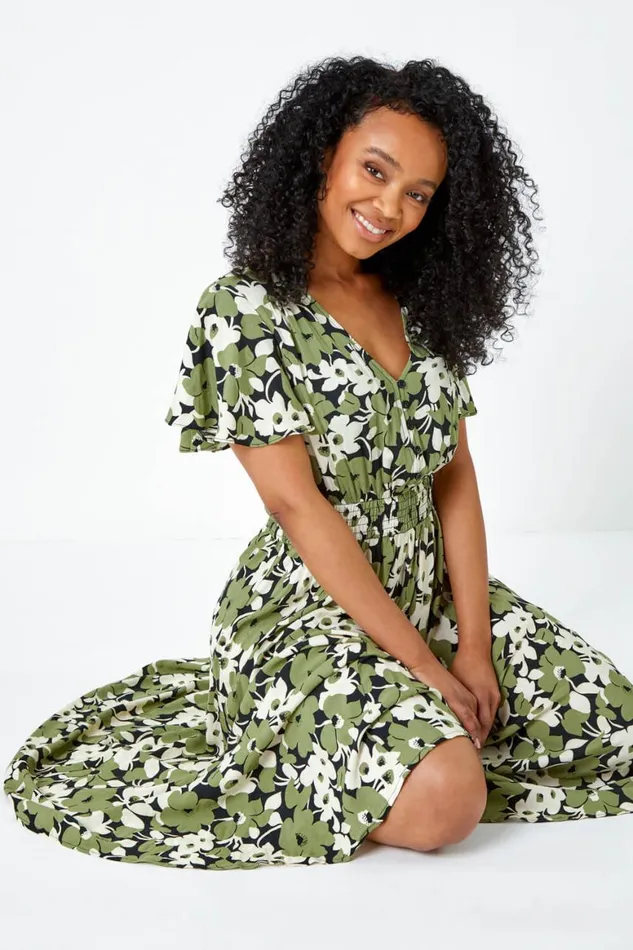 Women Green Petite Floral Print Shirred Midi Dress Roman Dresses