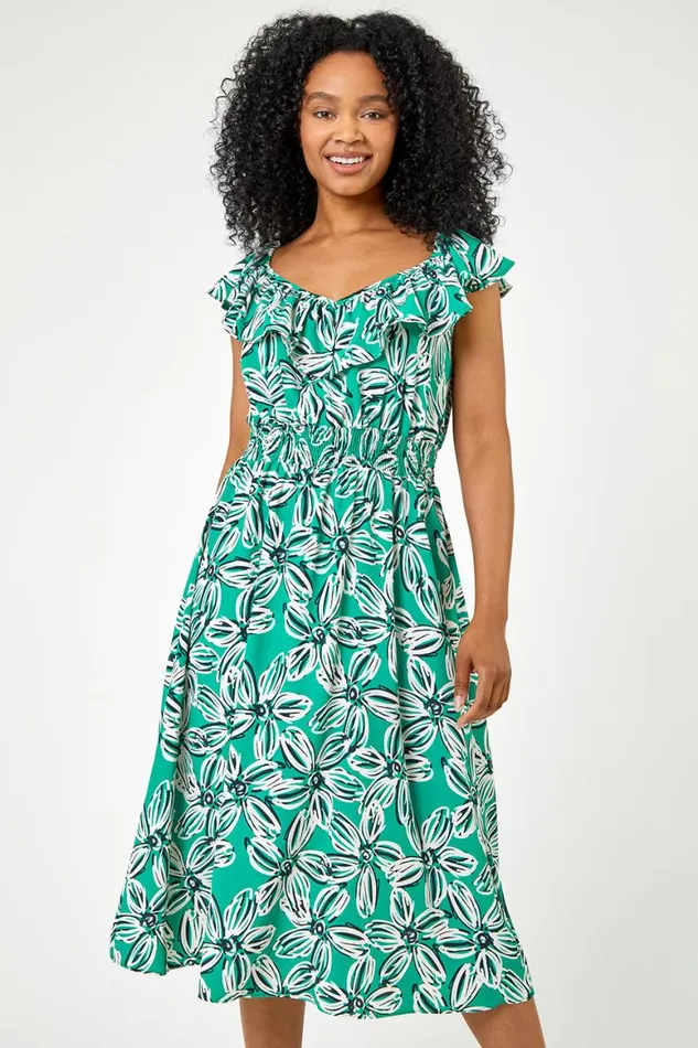 Women Green Petite Floral Shirred Waist Dress Roman Dresses