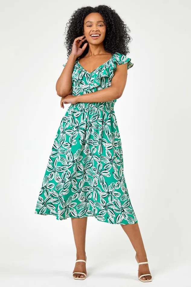 Women Green Petite Floral Shirred Waist Dress Roman Dresses