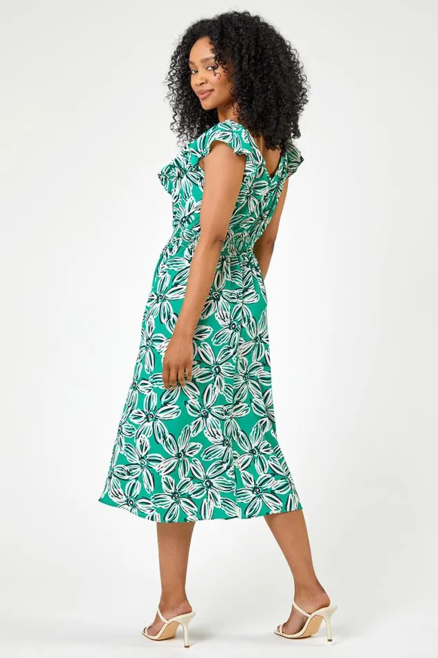 Women Green Petite Floral Shirred Waist Dress Roman Dresses