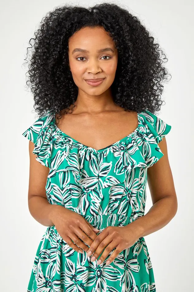 Women Green Petite Floral Shirred Waist Dress Roman Dresses