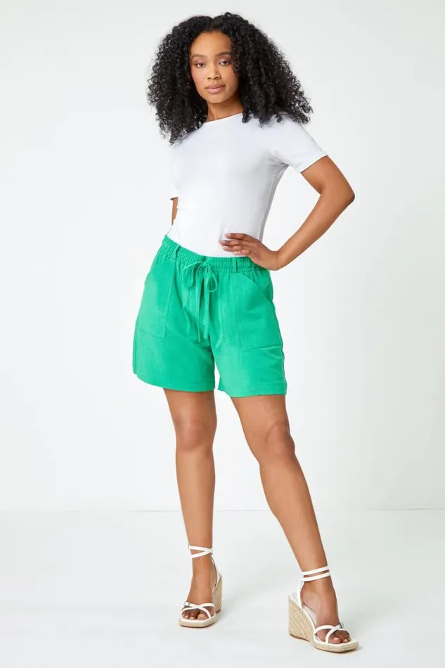 Women Green Petite Linen Blend Drawstring Shorts Roman Shorts