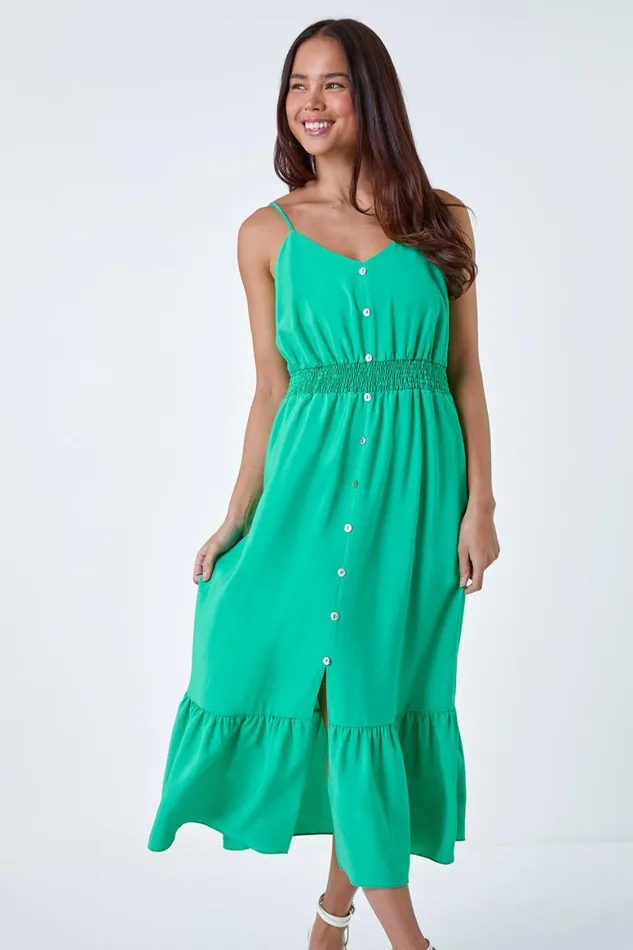 Women Green Petite Plain Shirred Button Detail Dress Roman Dresses