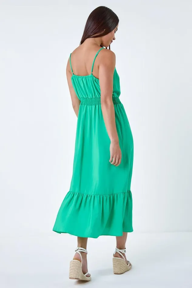 Women Green Petite Plain Shirred Button Detail Dress Roman Dresses