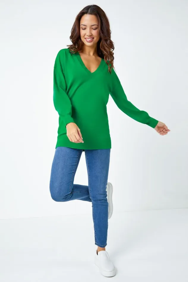 Women Green Plain Stretch VNeck Longline Jumper Roman Knitwear