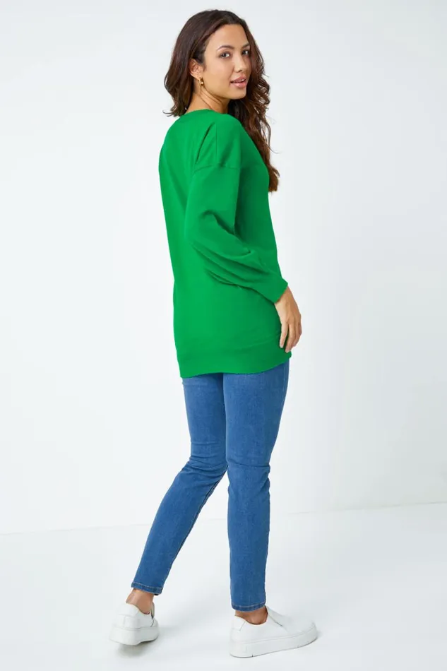 Women Green Plain Stretch VNeck Longline Jumper Roman Knitwear