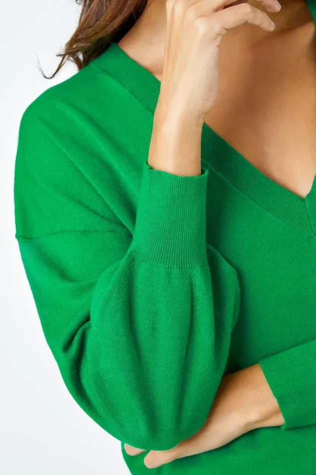 Women Green Plain Stretch VNeck Longline Jumper Roman Knitwear