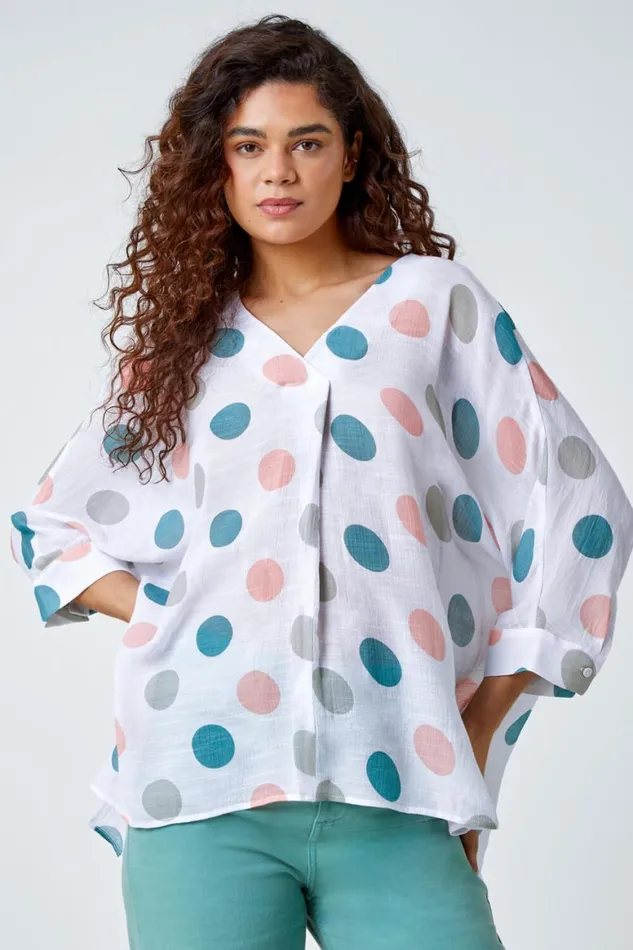 Women Green Polka Dot Print Pleat Front Top Roman Tops