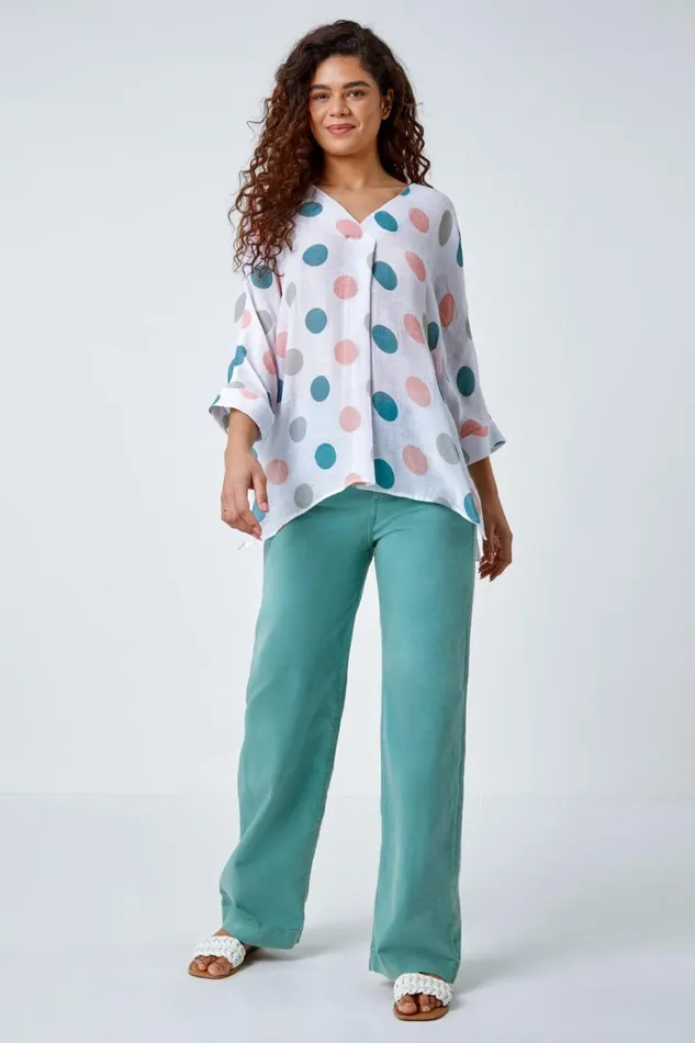Women Green Polka Dot Print Pleat Front Top Roman Tops