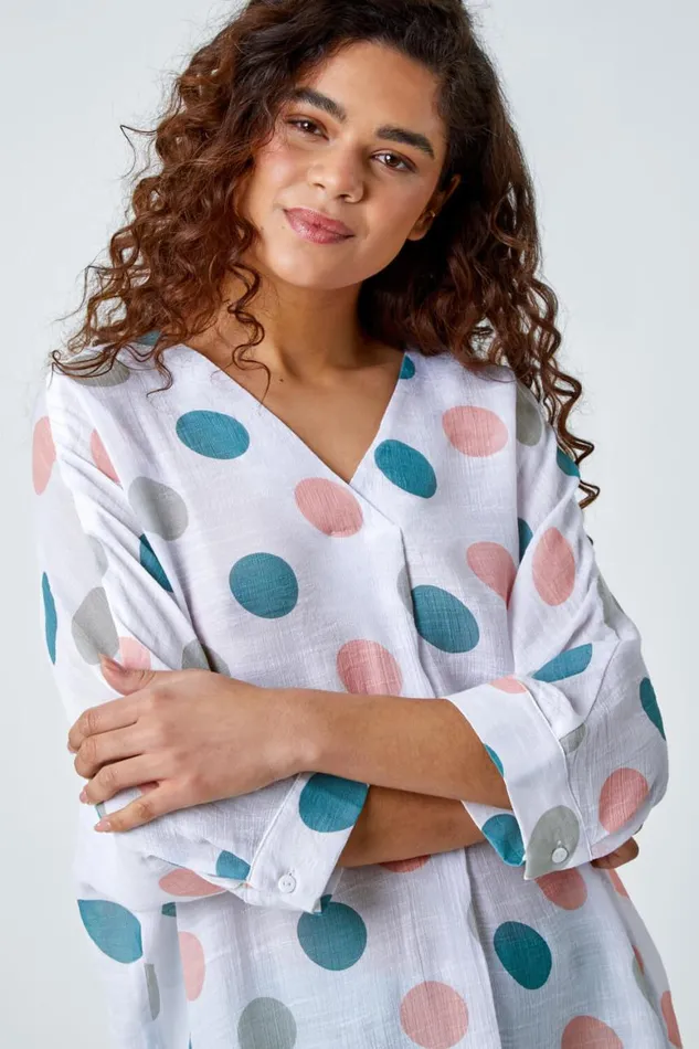 Women Green Polka Dot Print Pleat Front Top Roman Tops