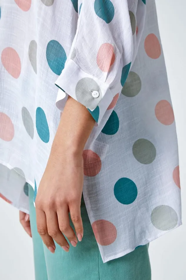 Women Green Polka Dot Print Pleat Front Top Roman Tops