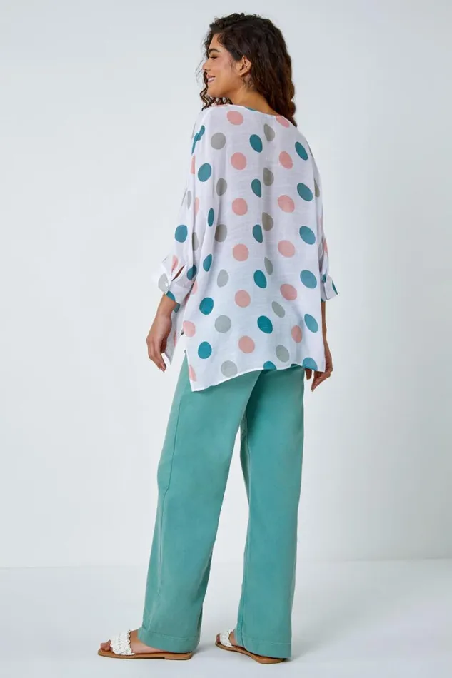 Women Green Polka Dot Print Pleat Front Top Roman Tops
