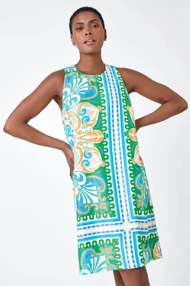 Women Green Scarf Print Satin Feel Shift Dress Roman Dresses